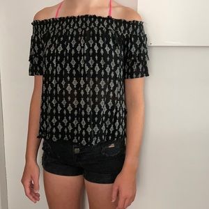 Black, patterned, off the shoulder shirt